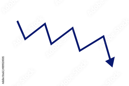 Blue zigzag downward arrow symbol on white background representing decline decrease fall reduction negative trend analysis financial loss concept infographic element and business direction indicator 