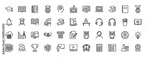 Education line icon set. Vector pictograms of school, graduation cap, book, laptop, student, headphones, online course, brain, lightbulb, and scroll, thin linear illustration.