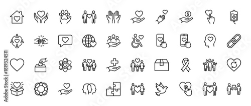 Charity and donation line icon set. Vector pictograms of hands, heart, people, globe, house, money, medical bag, puzzle, and ribbon, thin linear illustration.