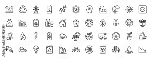 Ecology and sustainability line icon set. Vector pictograms of recycling, green energy, pollution, renewable power, nature, factory, and electric car, thin linear illustration.
