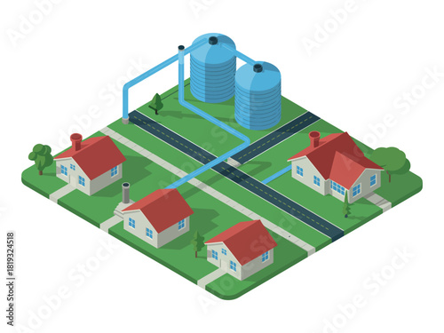 Isometric view of a water supply system connecting a reservoir to residential homes.
