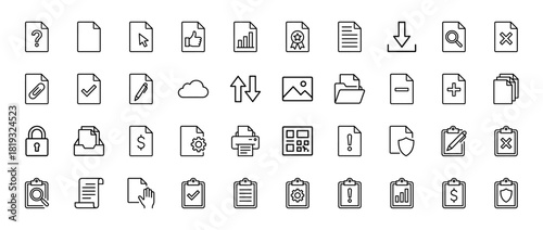 Office document line icon set. Vector pictograms of files, folders, search, edit, clipboard, printer, download, upload, settings, and money, thin linear illustration.