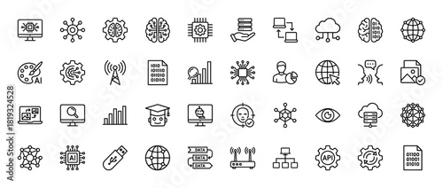 Artificial intelligence and data technology line icon set. Vector pictograms of brain, servers, AI chips, cloud, binary code, network, and robot, thin linear illustration.