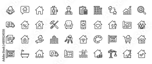 Real estate and housing line icon set. Vector pictograms of house, building, worker, contract, blueprint, keys, and delivery, thin linear illustration.