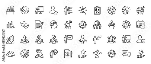Business management line icon set. Vector pictograms of user profiles, networking, checklists, strategy, targets, brains, global teams, and presentations, thin linear illustration.