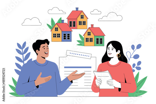 Two people discussing real estate options with houses in the background.