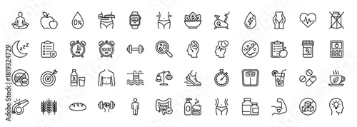 Health and wellness line icon set. Vector pictograms of diet, exercise, meditation, sleep, medical, and nutrition elements, thin linear illustration.