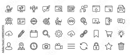 Web and marketing icon set. Vector pictograms of content, communication, analytics, social media, strategy, profile, email, cloud, and settings, thin linear illustration.