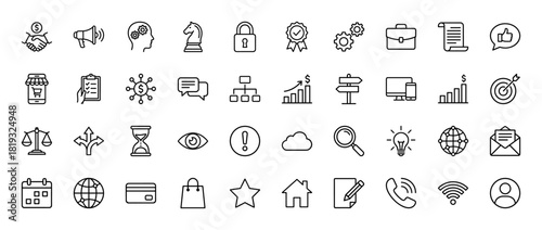 Universal business and technology line icon set. Vector pictograms of megaphone, padlock, handshake, charts, briefcase, monitor, shopping bag, globe, user, Wi-Fi, thin linear illustration.