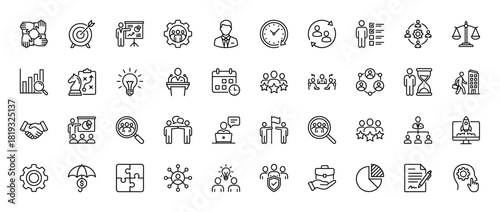 Business management line icon set. Vector pictograms of target, teamwork, presentation, strategy, innovation, startup, analytics, planning, thin linear illustration.