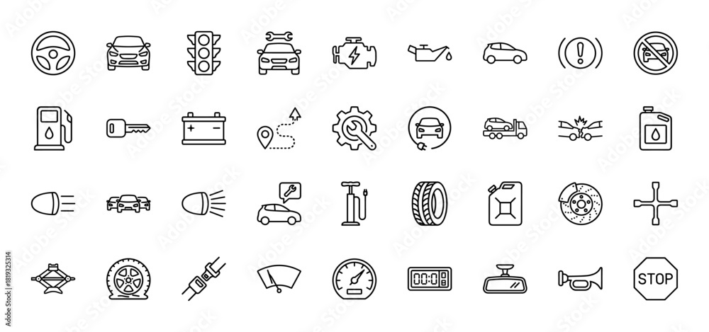 Naklejka premium Automotive line icon set. Vector pictograms of car, engine, steering wheel, battery, gas pump, brake disc, tire, car key, crash, and repair services, thin linear illustration.