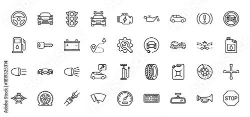 Automotive line icon set. Vector pictograms of car, engine, steering wheel, battery, gas pump, brake disc, tire, car key, crash, and repair services, thin linear illustration.