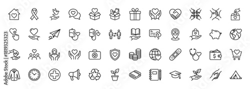 Charity and donation line icon set. Vector pictograms of ribbon, hearts, hands, gifts, globe, wallet, stethoscope, and tent, thin linear illustration.