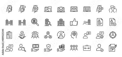 Business, communication, and human resources line icon set. Vector pictograms of laptops, smartphones, office buildings, documents, money, calendar, and user interactions, thin linear illustration.