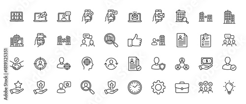 Business and human resources line icon set. Vector pictograms of laptop, smartphone, email, office, handshake, resume, target, money, lightbulb, and team, thin linear illustration.