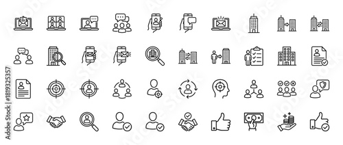 Human resources and recruitment line icon set. Vector pictograms of people, laptops, smartphones, buildings, documents, targets, handshakes, money, and growth, thin linear illustration.