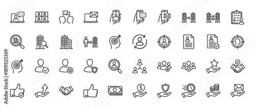 Business and human resources line icon set. Vector pictograms of communication, corporate buildings, user profiles, recruitment, finance, and success concepts, thin linear illustration.