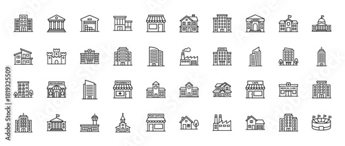 City buildings line icon set. Vector pictograms of apartment, office, house, bank, shop, library, hospital, factory, cafe, church, post office, airport, stadium, thin linear illustration.