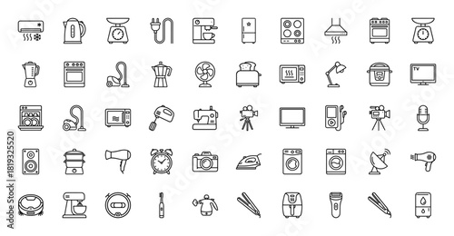 Household electronics and appliances line icon set. Vector pictograms of a kettle, stove, toaster, TV, washer, dryer, and camera, thin linear illustration.