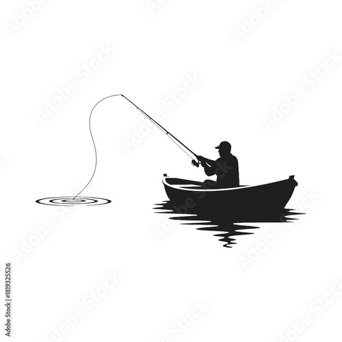 Silhouette of a lone fisherman in a small boat on calm water