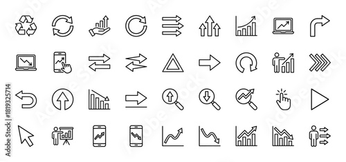 Business analytics line icon set. Vector pictograms of charts, arrows, laptops, smartphones, and user interface elements, thin linear illustration.