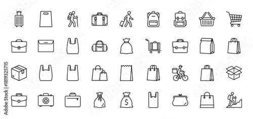Commerce and travel line icon set. Vector pictograms of backpacks, suitcases, shopping bags, delivery boxes, wallets, money bags, and travelers, thin linear illustration.