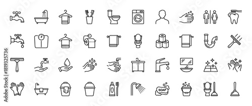 Bathroom, hygiene, and plumbing line icon set. Vector pictograms of toilet, bathtub, washing machine, faucet, toothbrush, towel, scale, hands washing, water drop, thin linear illustration.