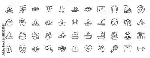 Beauty and wellness line icon set. Vector pictograms of skincare, body care, spa elements, fitness activities, and relaxation, thin linear illustration.