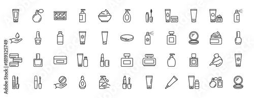 Cosmetics line icon set. Vector pictograms of tubes, bottles, jars, compacts, lipstick, mascara, perfume, nail polish, sunscreen, and skincare items, thin linear illustration.