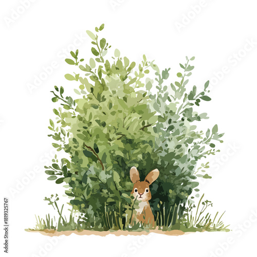 Cute Bunny Hiding in Green Bush Watercolor Illustration.