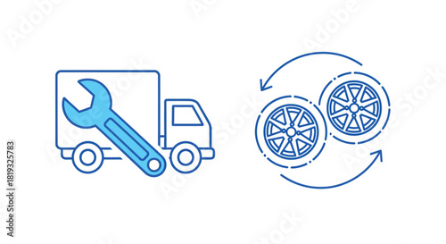 Vector illustration of car service and tire fitting, truck with wrench