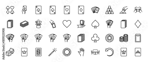Gambling and magic line icon set. Vector pictograms of playing cards, dice, casino chips, magic hat, and hands, thin linear illustration.