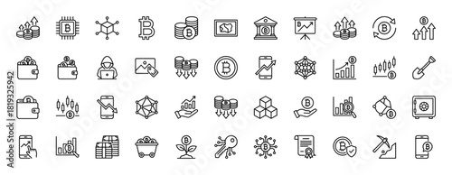 Cryptocurrency line icon set. Vector pictograms of Bitcoin coins, digital wallet, blockchain network, financial charts, crypto mining, security, and investment, thin linear illustration.