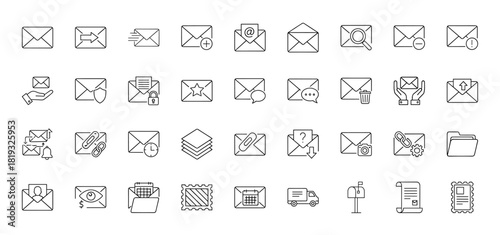 Email and communication line icon set. Vector pictograms of envelopes, messages, delivery, security, attachments, calendar, and documents, thin linear illustration.