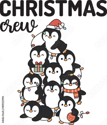 Christmas Crew, Penguin Tree on white background