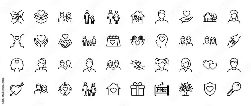 Naklejka premium Family and relationships line icon set. Vector pictograms of couples, parents, children, hands, hearts, home, people, love, and care, thin linear illustration.