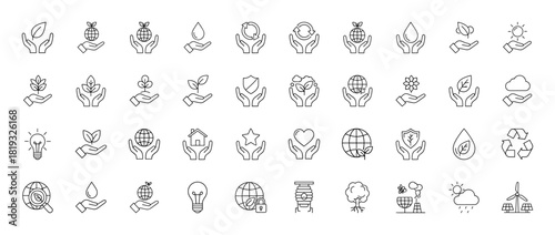 Ecology and sustainability line icon set. Vector pictograms of hands holding globe, plant, leaf, water drop, sun, recycling symbol, and renewable energy, thin linear illustration.