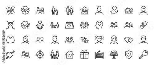Family and relationships line icon set. Vector pictograms of couples, parents, children, hands, hearts, home, people, love, and care, thin linear illustration.