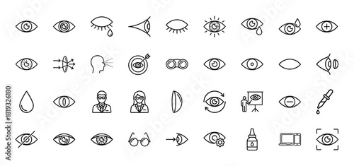 Optometry and vision line icon set. Vector pictograms of human eyes, eyeglasses, contact lenses, eye examination, and optical care, thin linear illustration.