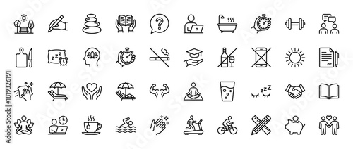 Wellness and lifestyle line icon set. Vector pictograms of reading, meditation, fitness, work, sleep, relaxation, and healthy habits, thin linear illustration.