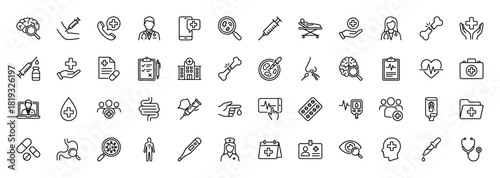 Medical line icon set. Vector pictograms of syringe, brain, doctor, hospital, stethoscope, pills, heartbeat, blood, medical file, and nurse, thin linear illustration.