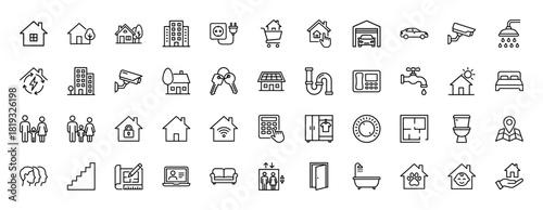 Real estate and home services line icon set. Vector pictograms of houses, buildings, cars, keys, families, floor plans, blueprints, security, and smart home concepts, thin linear illustration.