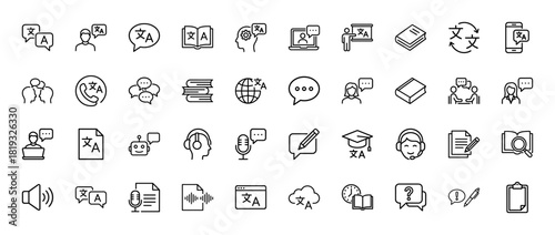 Language and translation line icon set. Vector pictograms of users, speech bubbles, books, microphone, headphones, robot, globe, documents, and chat, thin linear illustration.