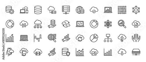 Data management and cloud computing line icon set. Vector pictograms of server racks, database storage, network connections, analytics, and binary code, thin linear illustration.