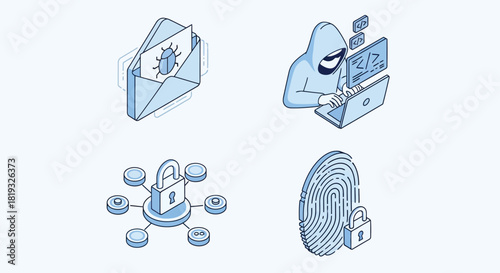 Vector illustration of isometric cybersecurity concept with hacker, email, lock, and fingerprint