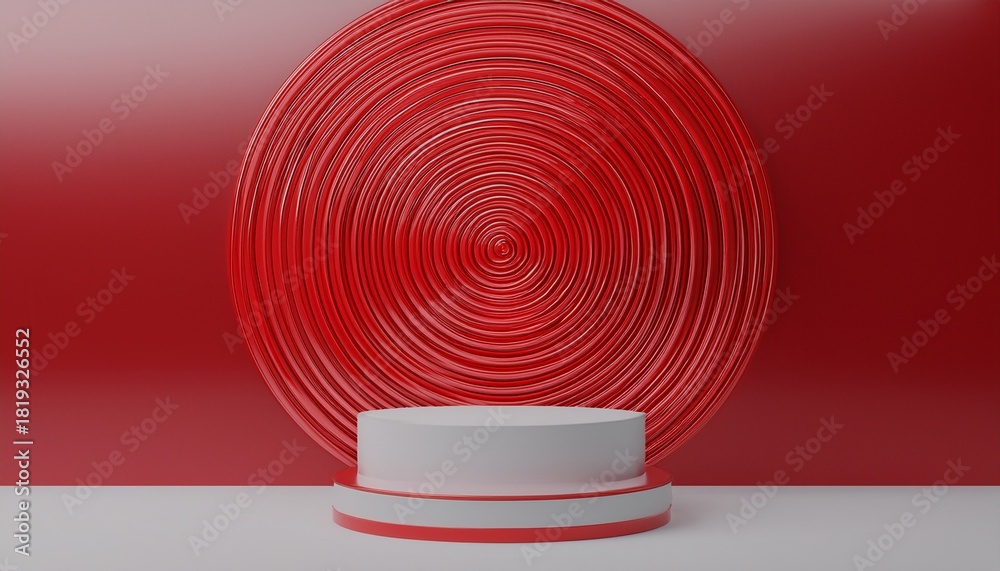 Fototapeta premium vertical 3d render of concentric red rings on minimalist white cylinder product pedestal stage