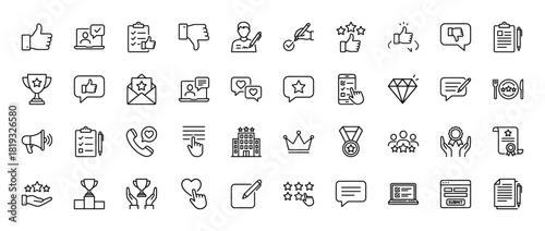 Customer feedback and review icon set. Vector pictograms of thumbs, stars, chat bubbles, surveys, checklists, trophies, certificates, and awards, thin linear illustration.