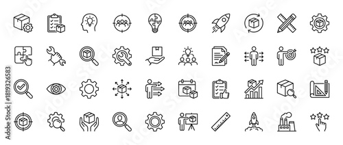 Business and logistics line icon set. Vector pictograms of boxes, rockets, gears, target people, puzzle lightbulbs, documents, charts, and magnifiers, thin linear illustration.