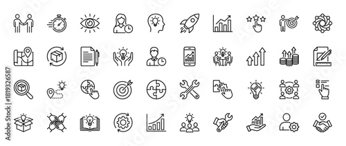 Business line icon set. Vector pictograms of ideas, growth charts, rockets, stopwatches, handshakes, targets, puzzle pieces, and gears, thin linear illustration.