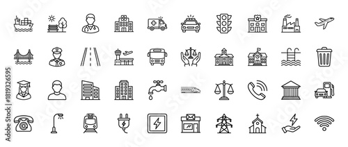 Public services line icon set. Vector pictograms of hospital, ambulance, police car, factory, school, bus, train, power tower, church, and wifi, thin linear illustration.